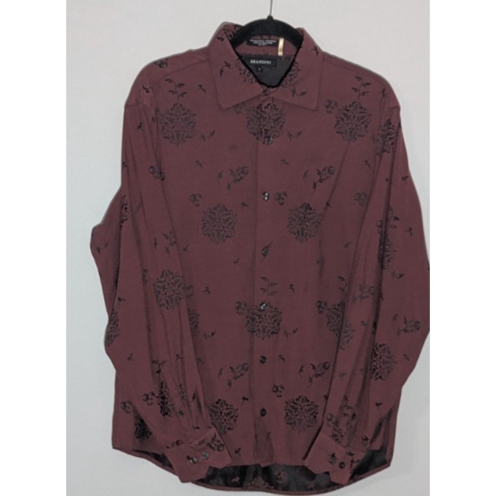 Brandini Vintage Burgundy Floral/Baroque Long Sleeve Button Up Shirt Large
